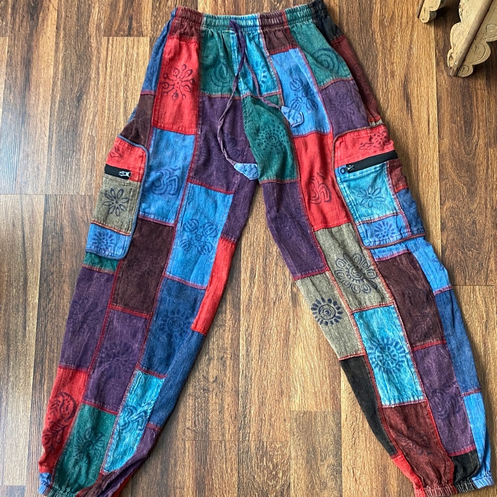 Boho patchwork 100% cotton jogger harem pants made in Nepal Sz  S/M